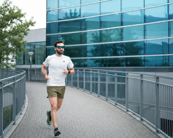 Uomo con barba corre su un ponte moderno, mostrando cos'è il running: libertà e benessere tra architettura e natura.