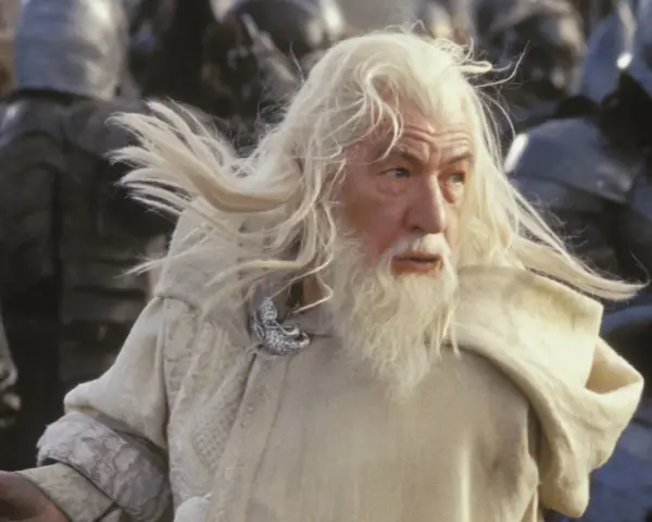 Gandalf z długą, siwą brodą i włosami, w białym płaszczu, gotowy do walki.