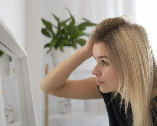 Kobieta z blond włosami sprawdza w lustrze, czy jej włosy są czyste po umyciu szamponem z **ammonium lauryl sulfate**.