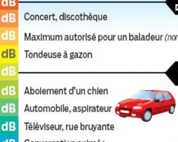 Échelle de db : 90 db pour une tondeuse, 80 db pour un chien qui aboie, 75 db pour une voiture. Le seuil de danger est atteint.
