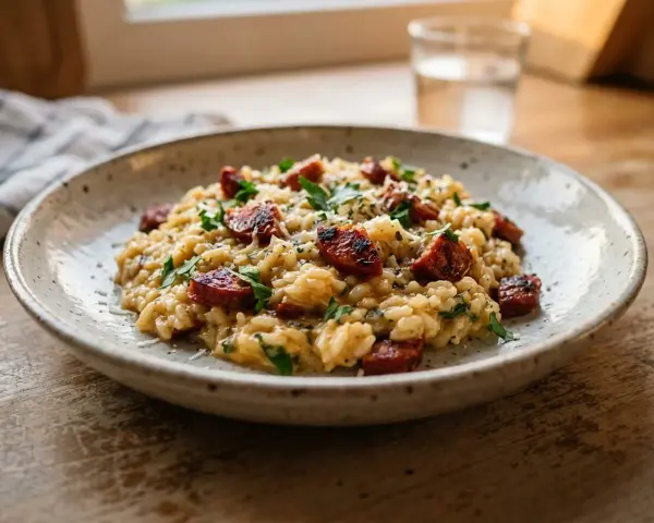 Risotto z chorizo i natką pietruszki na talerzu, z widokiem na okno.