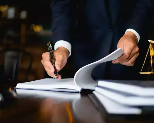 Un avocat examine des documents, une balance de la justice et un maillet sur un bureau. Il semble qu'il soit confronté à une situation où je ne peux pas payer la prestation compensatoire.