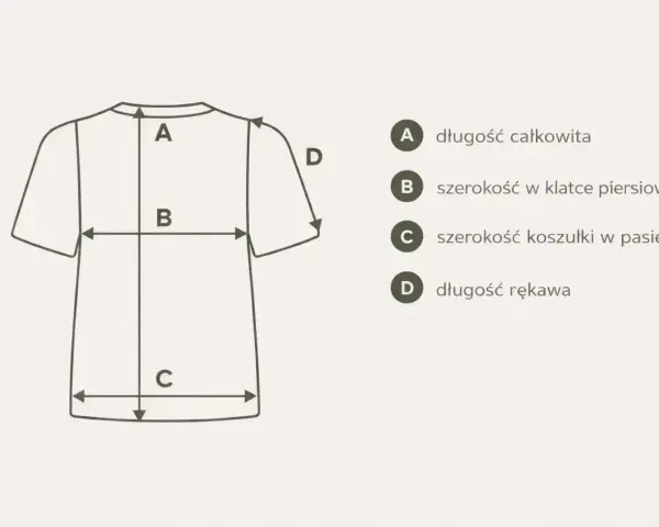 Schemat wymiarów koszulki męskiej. Litery A, B, C, D oznaczają długość całkowitą, szerokość w klatce, szerokość w pasie i długość rękawa. Idealne dla rozmiaru 52 męski.
