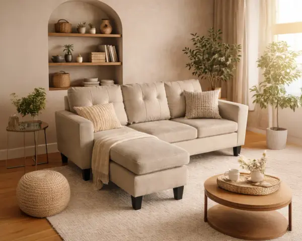 Un salon cosy avec un canapé d'angle beige, des coussins texturés, une couverture jetée et des plantes. La dimension canapé est parfaite pour ce coin détente.