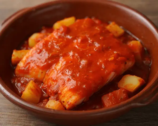 Bacalao a la riojana, un plato tradicional con trozos de patata y pimiento en una salsa roja sabrosa, servido en cazuela de barro.