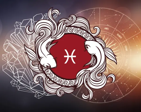 Dwa ryby symbolizujące znak zodiaku Pisces, otoczone ozdobnymi falami i kryształami, na tle koła zodiaku.