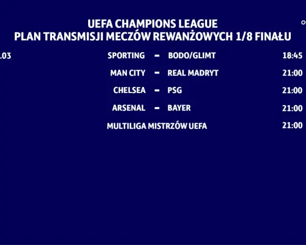 Plan transmisji meczów rewanżowych 1/8 finału Ligi Mistrzów UEFA: Sporting - Bodo/Glimt, Man City - Real Madryt, Chelsea - PSG, Arsenal - Bayer. Kiedy gra liga mistrzów, emocje gwarantowane!
