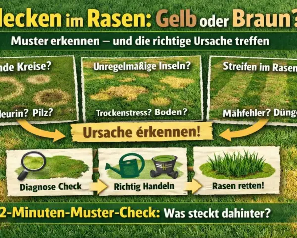 Helle Flecken im Rasen: runde Kreise, Inseln oder Streifen? Die Grafik zeigt Ursachen wie Hundeurin, Trockenstress oder Mähfehler und wie man den Rasen rettet.