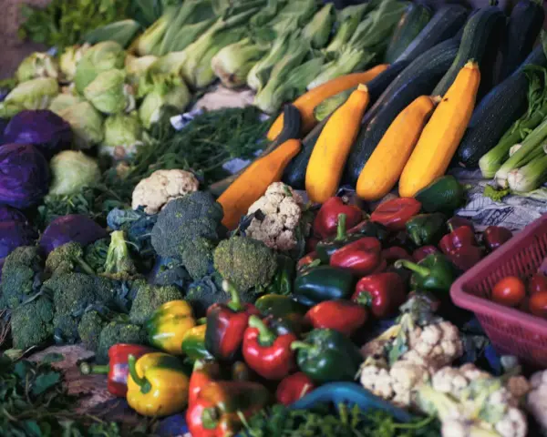 Un étalage coloré de légumes frais : brocolis, poivrons, courgettes, choux, tomates. Un festin pour la santé, plein d'anti inflammatoire naturel.