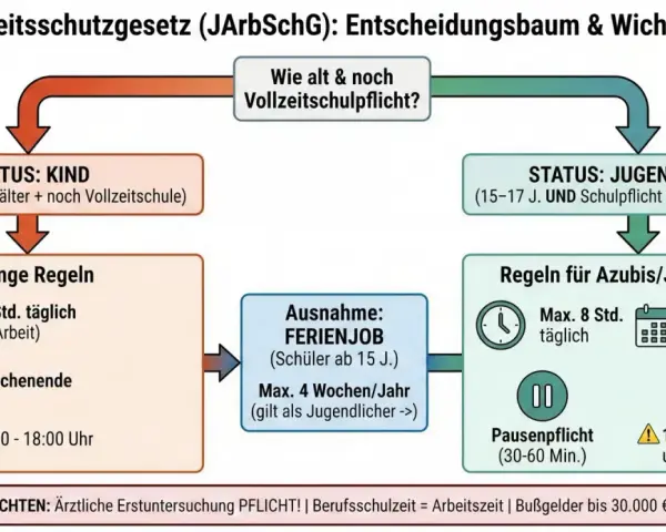 Entscheidungsbaum zum Jugendarbeitsschutzgesetz: Kinder (max. 2 Std. täglich, kein Wochenende) vs. Jugendliche (max. 8 Std. täglich, 40 Std. wöchentlich). Beachtet das Jugendschutzgesetz Arbeitszeiten.