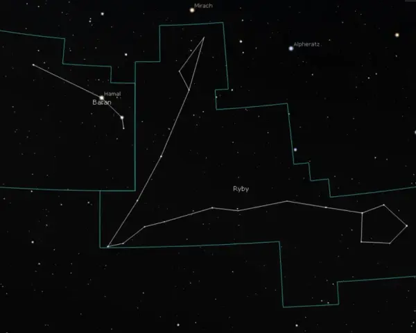 Gwiazdozbiory Ryby i Baran na nocnym niebie. Baran, jeden ze znaków zodiaku, znajduje się na lewo od Ryb.