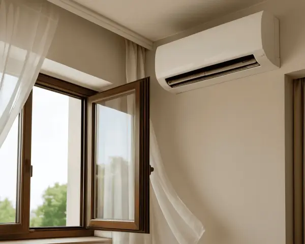 Cortina blanca ondea por una ventana abierta, creando una **corriente de aire** que se mezcla con el aire fresco del exterior.