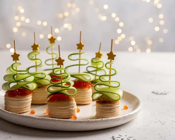 Aperitivos navideños en forma de árbol con pepino en espiral y estrellas doradas.