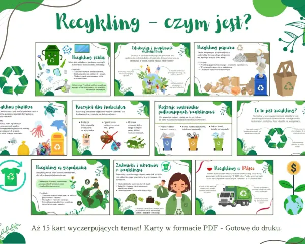 Recykling przykłady: szkło, papier, plastik, metal, ubrania. Edukacja ekologiczna, korzyści dla środowiska i gospodarki. Polska stawia na recykling.