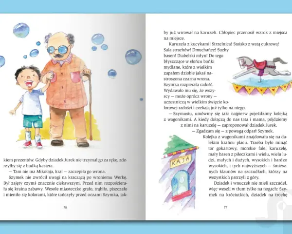 Ilustracja z bajki terapeutycznej: uśmiechnięty chłopiec trzyma dziadka za rękę, obok latają bańki. W tle wesołe miasteczko.