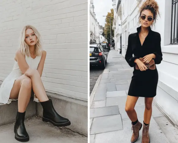 Dos mujeres lucen estilos diferentes de vestidos con botas. Una lleva un vestido blanco corto y botas negras gruesas, la otra un vestido negro elegante y botines marrones.