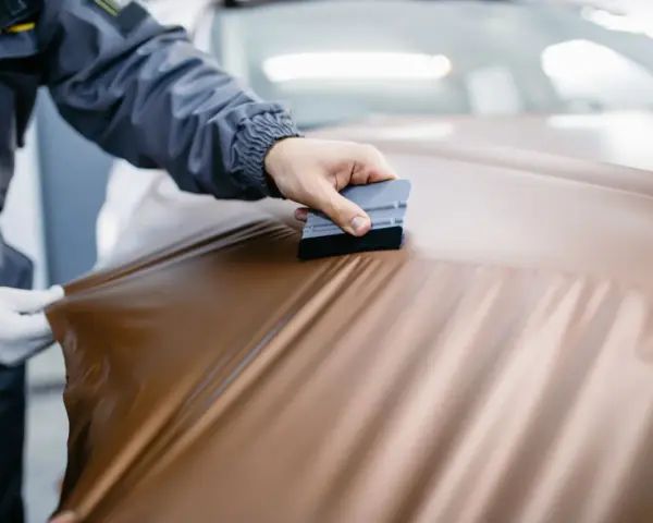 Applying a bronze vinyl wrap to a car hood, showing the process of how to wrap a truck for a custom look.