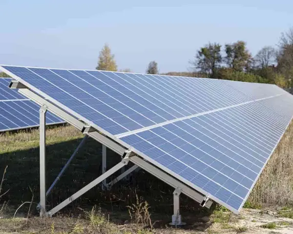 Duża instalacja PV na polu, panele słoneczne ustawione pod kątem, w tle drzewa i błękitne niebo.