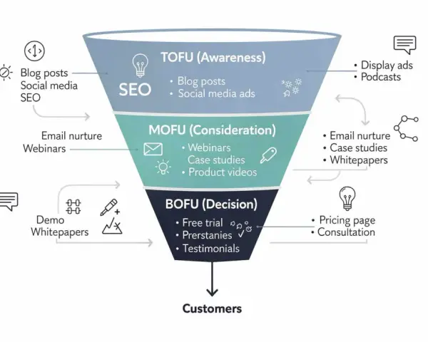 Embudo de marketing: TOFU (conciencia), MOFU (consideración) y BOFU (decisión). Contenido: blog, SEO, webinars, demos, etc.