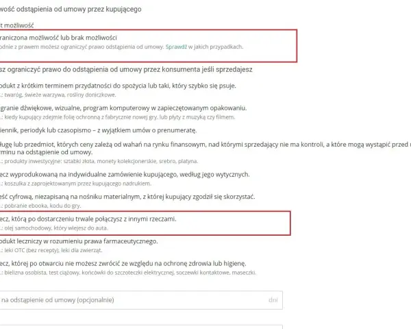 Zaznaczony punkt dotyczący ograniczeń w odstąpieniu od umowy Allegro.