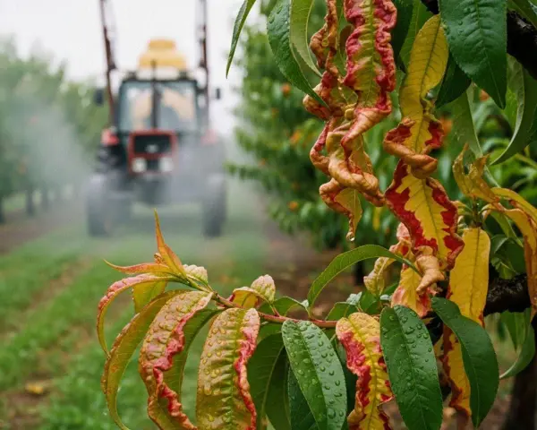 Kiedy pryskać brzoskwinie na kędzierzawość liści? Traktor opryskuje drzewka w sadzie, ratując liście przed chorobą.