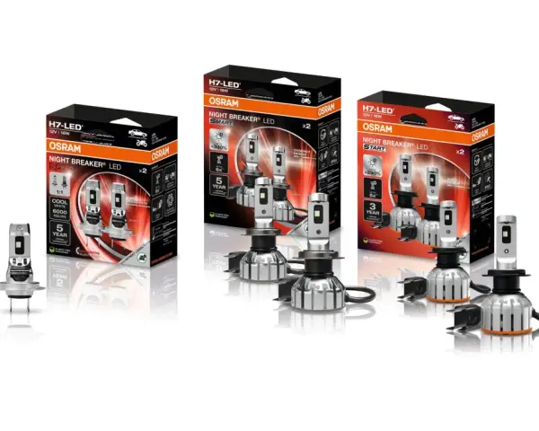 Tre förpackningar med Osram H7 LED-lampor, inklusive Night Breaker LED Speed och Smart. Perfekt för att uppgradera bilens belysning.