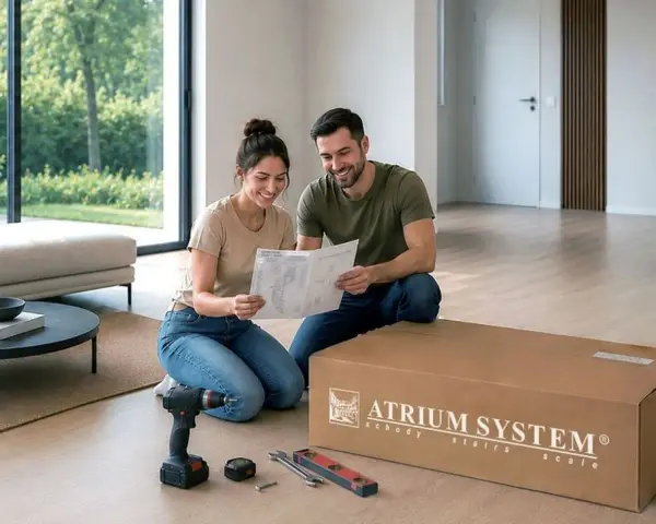 Para montażu schodów modułowych. Para przegląda instrukcję, obok leży karton z napisem "ATRIUM SYSTEM schody".