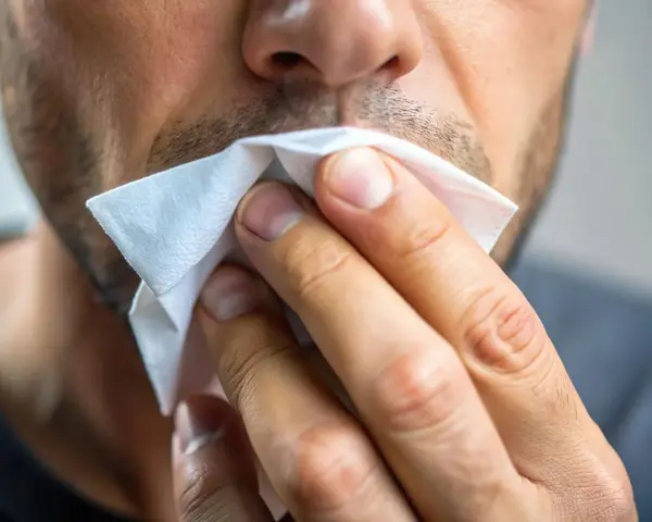 Mężczyzna wyciera nos chusteczką. Czy to przeziębienie, czy może alergia? Ten **slinotok od czego** może być uciążliwy.