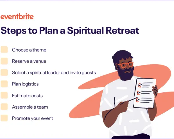 Steps to plan a personal spiritual retreat: choose a theme, book a venue, select a leader, plan logistics, estimate costs, assemble a team, and promote.