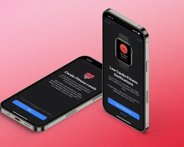 Apple Watch screens show how to improve VO2 max by tracking cardio fitness levels and receiving low cardio fitness notifications.