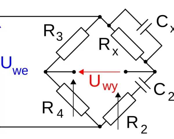 Mostek Wheatstone'a z elementami R3, Rx, R4, R2, Cx i C2. Używany do pomiaru pojemności kondensatora Cx.
