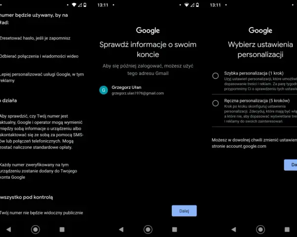 Ekran konfiguracji konta Google. Wybierz, jak założyć konto Google i spersonalizować ustawienia.