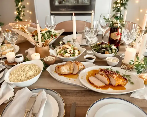 Mesa de Nochevieja con carnes asadas, ensaladas, velas y luces festivas.