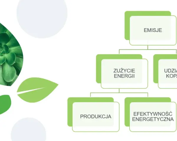 Schemat przedstawia czynniki wpływające na emisje, takie jak zużycie energii, udział paliw kopalnych, produkcja i efektywność energetyczna. Zielone liście symbolizują ekologię i redukcję co2.