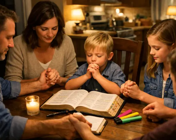 A family gathers for a meaningful family bible study, holding hands around an open Bible, with a candle casting a warm glow.