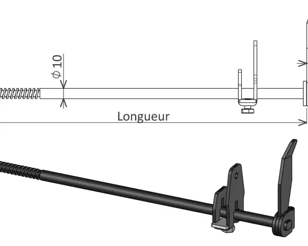 Mécanisme de fermeture de volet avec tige filetée et levier. Le dessin technique indique les dimensions.