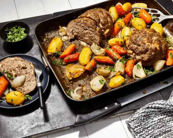 Hackbraten mit Kartoffeln und Karotten aus dem Ofen. Wie lange braucht ein Hackbraten 500g im Ofen? Ca. 45-60 Min.