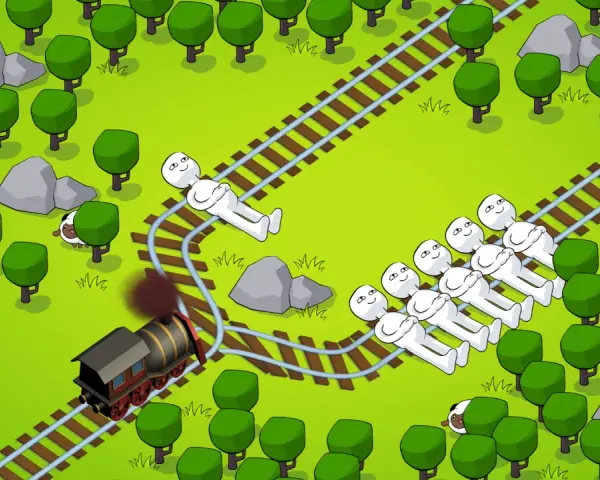 Un tren avanza por las vías en estos divertidos juegos de trenes. Figuras blancas yacen en las vías, ¡esperando ser rescatadas!