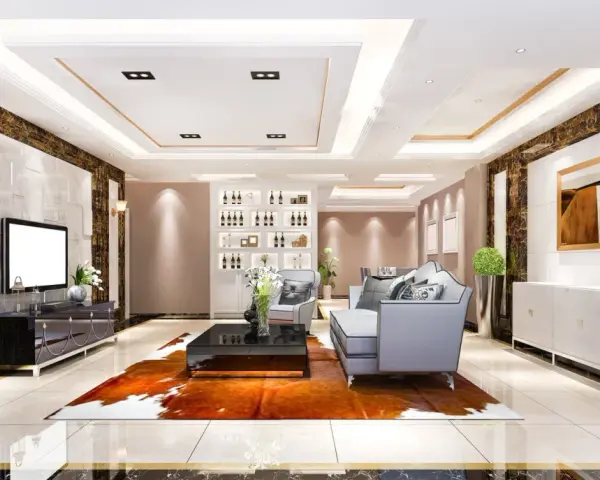 Elegancki salon w stylu art deco z marmurowymi akcentami, wygodną sofą i designerskim oświetleniem.