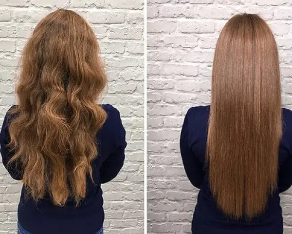 Antes y después de nanoplastia pelo: cabello rizado y voluminoso se transforma en liso y sedoso.