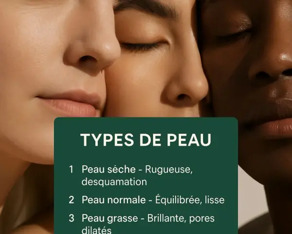 Trois visages aux teints variés se rapprochent. Une carte indique comment **connaître son type de peau** : sèche, normale ou grasse.