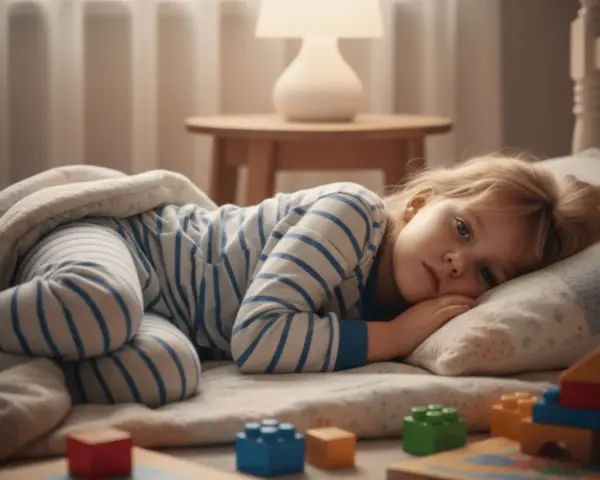 Mała dziewczynka w piżamie leży na łóżku, zamyślona. Jej wyraz twarzy sugeruje **zaburzenia snu u dzieci**, trudności z zaśnięciem mimo otaczających ją zabawek.