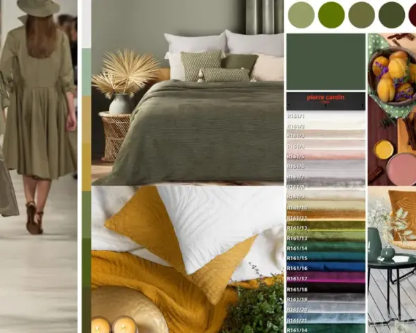 Inspiracje kolorystyczne: jaki kolor pasuje do khaki? Od mody po wnętrza, paleta barw z brzoskwiniami, zielenią i złotem.