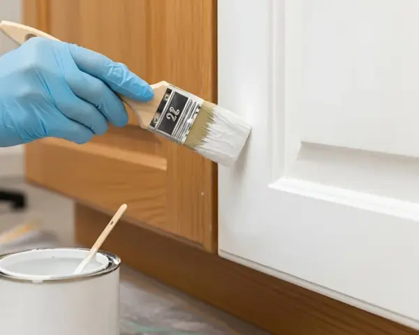 Mano con guanto blu dipinge una porta bianca con pennello. La pittura diluita è pronta per l'uso.
