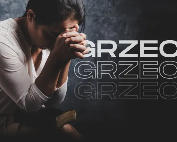Kobieta z złożonymi dłońmi nad czołem, siedząca obok Biblii, symbolizuje ciężki grzech i pokutę.