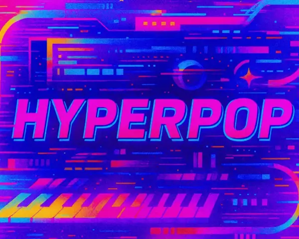 Neonowe klawisze i tekst "HYPERPOP" na tle cyfrowego szumu. To właśnie jest hyperpop – muzyka przyszłości, pełna energii i koloru.