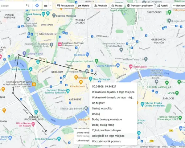 Jak zmierzyć odległość na mapie Google? Kliknij "Odległość do tego miejsca", by poznać dystans między punktami na mapie Krakowa.