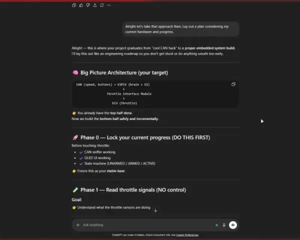 ChatGPT outlines an ESP32 project roadmap, starting with CAN bus integration and throttle signal reading.