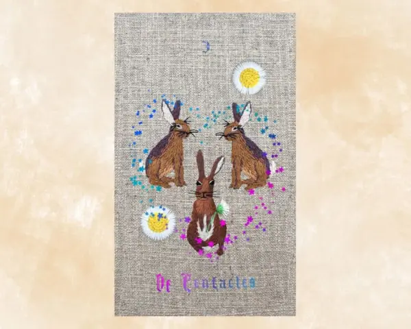 Tres conejos bordados, uno en el centro y dos a los lados, rodeados de flores y confeti. El número 3 y "De Pentaculos" escritos.
