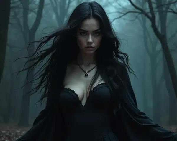Lilith w bliźniętach, mroczna postać w czarnej sukni, stoi w mglistym lesie. Jej długie, czarne włosy falują na wietrze.